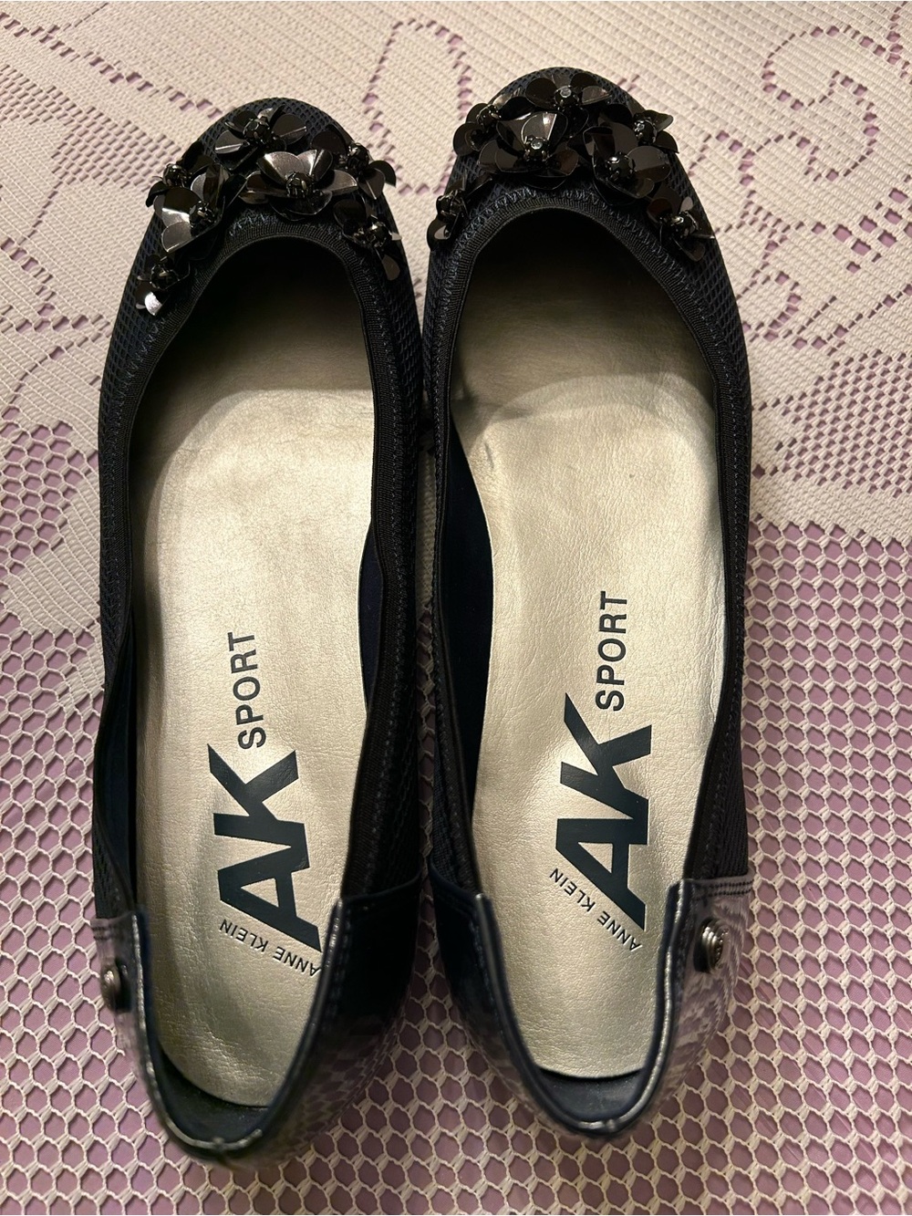 Anne Klein Sport 9M Navy Blue Jeweled Slip-On Ballet Flats